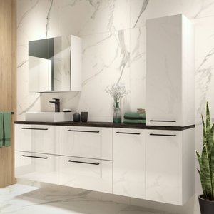 Badezimmer Set in weiß Hochglanz lackiert, Waschtischplatte in Beton Dunkel, Metallgriffe in schwarz, MESSINA-107, B/H/T ca. 180/200/46 cm