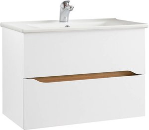 Badezimmer Waschtisch mit Keramik Waschbecken QUEIMADOS-66 in Weiß Glanz mit Weiß Hochglanz, B/H/T ca. 75/53,3/45 cm
