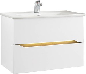 Badezimmer Waschtisch mit Griffbeleuchtung und Keramik Waschbecken QUEIMADOS-66 in Weiß Glanz mit Weiß Hochglanz, B/H/T ca. 75/53,3/45 cm
