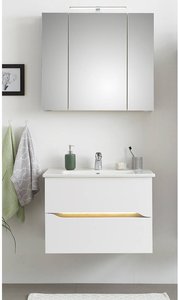 Badezimmer Waschplatz Set mit beleuchtetem Griff und Keramik Waschbecken QUEIMADOS-66 in Weiß Glanz mit Weiß Hochglanz, B/H/T ca. 80/200/45 cm