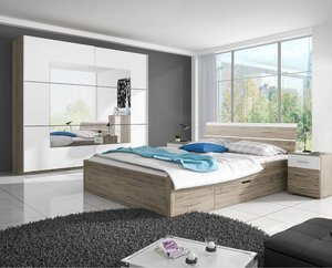Moderne Schlafzimmer Möbelkombination mit Bett, 2 Nachttischen und Kleiderschrank in Sanremo Eiche Nb. mit weiß BIRMINGHAM-83 Liegefläche 180x200 cm