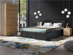 Schlafzimmer Set mit Polsterbett, 2 Nachttischen und Kleiderschrank in Eiche Gold Nb. CAIRNS-132