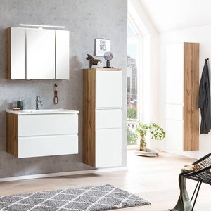Badezimmer Möbel Set mit Waschbecken und LED Beleuchtung, Wotan Eiche Nb. mit weiß matt, VASTO-03-WHITE