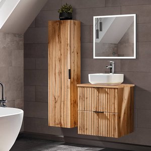 Badezimmermöbel Set Wotaneiche mit Rillenoptik LED-Spiegel & 60 cm Waschtisch-Unterschrank mit Waschbecken, Hochschrank