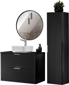 Badezimmer komplett Set, mit Hochschrank, Keramik Waschbecken und LED Spiegel, schwarz matt gerillt, ADELAIDE-56-BLACK, B/H/T ca. 130/200/46,5 cm