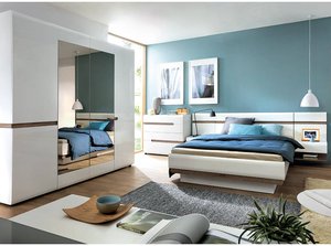 Schlafzimmer Komplett Set mit 160cm Bett und 4-türigem Kleiderschrank in weiß Hochglanz mit Trüffel Eiche Nb. LEGNICA-129