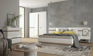 Schlafzimmer Komplett Set mit 160cm Bett und 3-türigem Kleiderschrank, weiß Hochglanz mit Trüffel Eiche Nb., LEGNICA-129