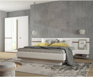 Schlafzimmerset mit Bett, 140cm, Nachttischen und 3-türigem Kleiderschrank, weiß Hochglanz mit Trüffel Eiche Nb., LEGNICA-129