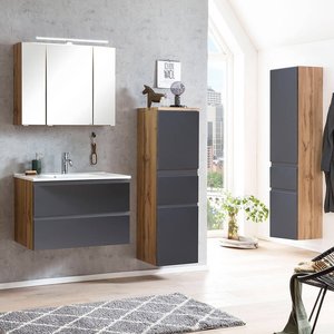 Badezimmer Möbel Set mit Waschbecken und LED Beleuchtung, Wotan Eiche Nb. mit matt grau, VASTO-03-GREY