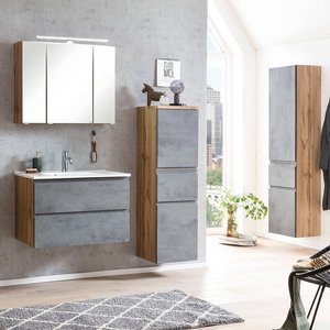 Badezimmer Möbel Set mit Waschbecken und LED Beleuchtung, Wotan Eiche Nb. mit Beton Optik, VASTO-03-CONCRETE