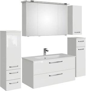 Badezimmer Komplett Set mit Mineralmarmor Waschbecken TRENTO-66 in weiß Glanz, B/H/T: ca. 197/200/50 cm
