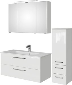 Badezimmer Set inkl. LED Beleuchtung und Mineralmarmor Waschbecken TRENTO-66 in weiß Glanz, B/H/T: ca. 152/200/50 cm