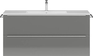 Badezimmer Waschtisch, 121cm breit, mit Waschbecken in Hochglanz grau, Griffleisten edelstahlfarben, PALERMO-136-GREY, B/H/T ca. 121/59,1/48,7 cm