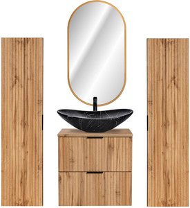 Badmöbel Set Wotaneiche mit Rillenoptik 60 cm Waschtisch-Unterschrank mit Keramik Waschbecken 2 Hochschränke LED-Spiegel