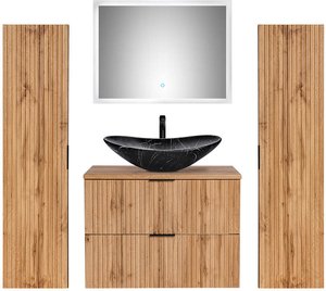 Badezimmermöbel-Set Wotaneiche mit Rillenoptik 80 cm Waschtisch-Unterschrank mit Keramik Waschbecken 2 Hochschränke LED-Spiegel