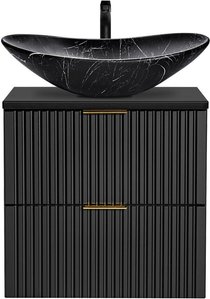 Badezimmer Waschtisch, 61cm, matt schwarz gerillt mit Keramik-Waschbecken schwarz marmoriert ADELAIDE-56-BLACK, B/H/T ca. 61,5/74,7/46,5 cm