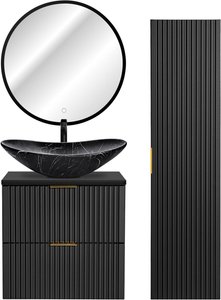 Badezimmer Möbel Set mit Hochschrank, LED Spiegel und Keramik Waschbecken, matt schwarz gerillt, ADELAIDE-56-BLACK, B/H/T ca. 110/200/46,5 cm