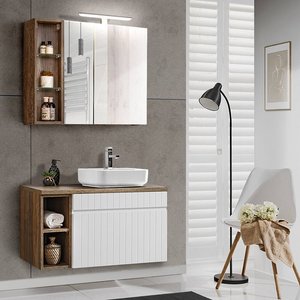 Badezimmermöbel Waschplatz Set in weiß matt mit Vintage Eiche Nb. IRAKLIO-56 mit Regalen und LED-Spiegelschrank, B/H/T: ca. 80,4/200/46 cm