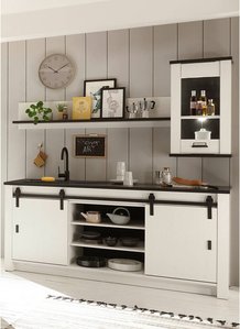 Küchen Set mit Spültisch, Hängeschrank und Wandregal SHELTON-61 in Pinie Weiß Nb. mit anthrazit