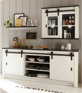 Küchen Set mit Spültisch ca. 200 cm, Hängeschrank und Regal SHELTON-61 in Pinie weiß Nb. mit anthrazit