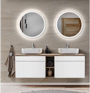 Badezimmer Waschplatz in weiß matt mit Vintage Eiche Nb. IRAKLIO-56 Doppelwaschbecken mit Unterschrank, 2 LED Spiegel, B/H/T: ca. 140,4/200/46 cm