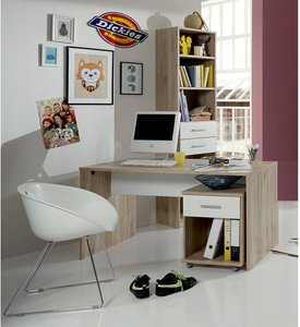 Schreibtisch mit Rollcontainer und Regal Jugendzimmer JOHANNESBURG-43 in Eiche Nb. mit weiß
