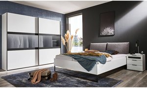 Schlafzimmermöbel Set mit 250cm Kleiderschrank, 160cm Bett und 2 Nachttischen, weiß mit graphit, AGAETE-43