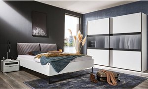 Schlafzimmerset mit 300cm Kleiderschrank, 180cm Bett und 2 Nachttischen, weiß mit graphit, AGAETE-43