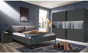 Schlafzimmermöbel Set mit 300cm Kleiderschrank, 160cm Bett und 2 Nachtschränken, graphit, AGAETE-43