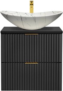 Badezimmer Waschtisch, 61cm, matt schwarz gerillt mit Keramik-Waschbecken weiß marmoriert ADELAIDE-56-BLACK, B/H/T ca. 61,5/74,2/46,5 cm