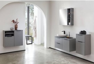 Badmöbel Set in grau ALMATY-80 Spiegelschrank mit Beleuchtung, Waschtisch mit Aufsatzwaschbecken, B/H/T: ca. 150/200/45 cm