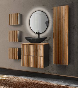 Badezimmer Komplett Set schwarz gerillt Waschtisch mit Waschbecken schwarz matt marmoriert XANTEN-56 in anthrazit mit Eiche Nb., B/H/T: 162/200/46,5 cm