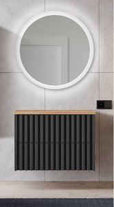 Badmöbel Set Waschtisch Unterschrank 80 cm mit Waschtischplatte, Spiegel NANTES-107 in schwarz mit Lamellenfront, B/H/T: ca. 80,4/200/45,5 cm