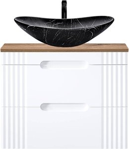 Waschtischunterschrank 80cm mit Aufsatzwaschbecken in schwarz FAIRFIELD-56 weiß mit Eiche Nb., B/H/T ca. 80,4/79/46 cm