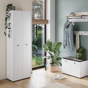 Garderobenset 4-teilig modern weiß, Eiche LASARI-01 Sitzbank Hutablage Kleiderhaken Garderobenschrank