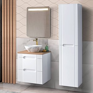 Badmöbelset weiß 60cm Waschtisch mit Waschbecken, Hochschrank, LED-Spiegel, FAIRFIELD-56