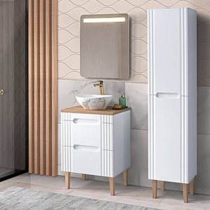 Badmöbelset weiß 60cm Waschtisch mit Waschbecken, Hochschrank, LED-Spiegel, FAIRFIELD-56