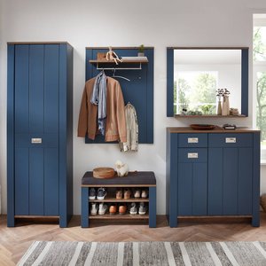 Garderoben Set mit Schuhschrank und Spiegel, blau im Landhausstil mit Eiche, DEVON-36