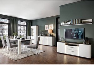 Wohn- & Esszimmer Set 5-teilig, mit ausziehbarem Esstisch, weiß Hochglanz mit Eiche schwarz, VISALIA-129