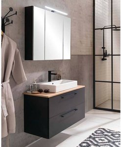 Waschplatz Set Waschtisch 86 cm mit Keramik Aufsatzwaschbecken schwarz matt mit Eiche MASON-80, 2-teilig mit Spiegelschrank